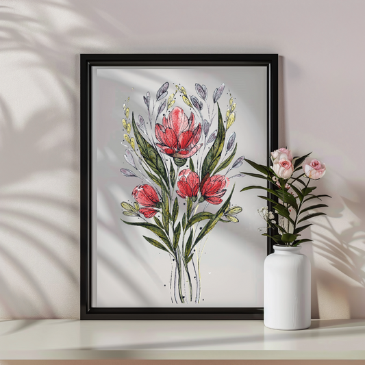 Blossoms in Red - Fine Art Botanical Print - Watercolor Floral Art